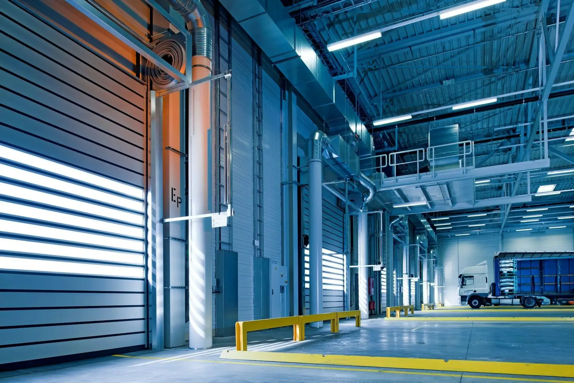 A large factory warehouse door.